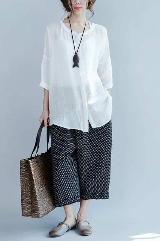 Casual Loose Round-neck Linen Shirt Women Clothes Trendy Ruffled Short Sleeve