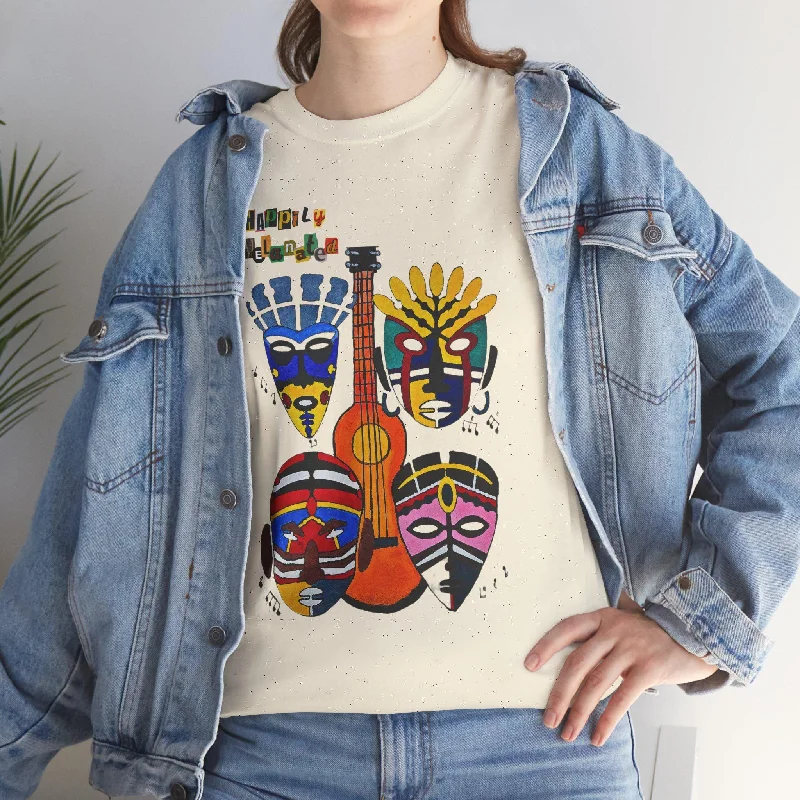 Guitar Art Tribal Masks Unisex Tee, Music Lover Graphic Shirt, Unique Handcrafted Tee Comfortable Stretch Short Shirt