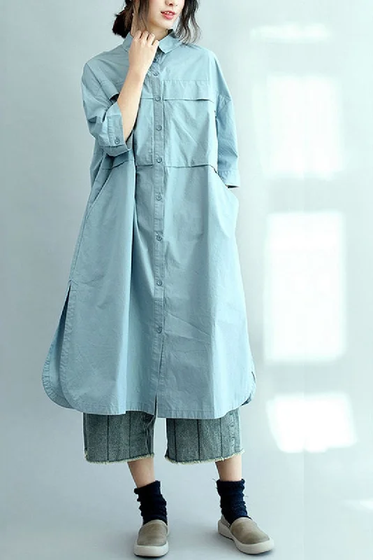 Blue Long Cotton Shirts for Women 3/4 Sleeve Loose Shirt C2071 Comfortable Knit Short Shirt