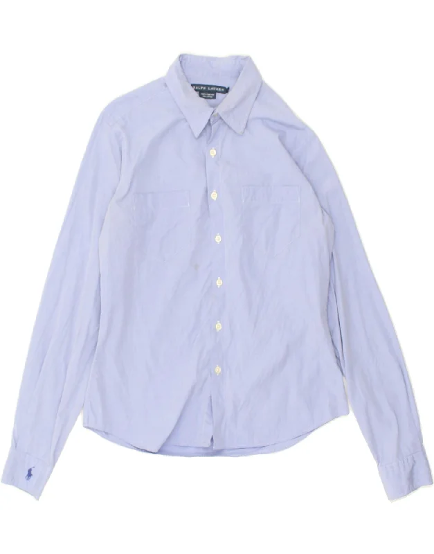 RALPH LAUREN Womens Shirt US 8 Medium Blue Cotton Stylish Split-Hem Short Shirt