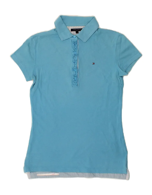 TOMMY HILFIGER Womens Polo Shirt UK 10 Small Blue Cotton Casual Ruffle Short Shirt