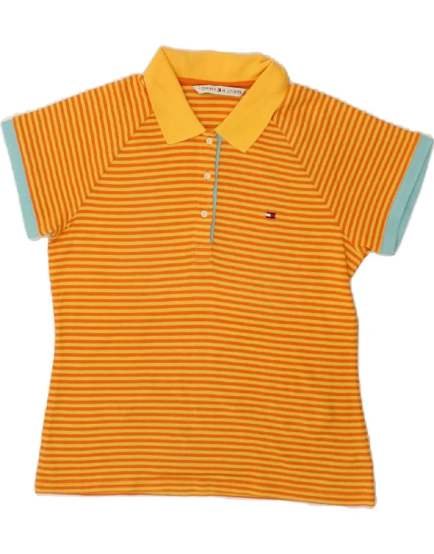 TOMMY HILFIGER Womens Polo Shirt UK 14 Large Yellow Striped Cotton Stylish Casual Short Tee TOMMY HILFIGER Womens Polo Shirt UK 14 Large Yellow Striped Cotton Stylish Casual Short Tee