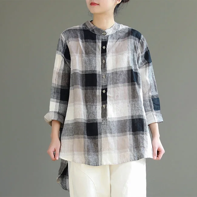 Vintage Loose Cotton Linen Plaid Shirt Women Spring Tops S25024 Trendy Short Sleeve Tunic