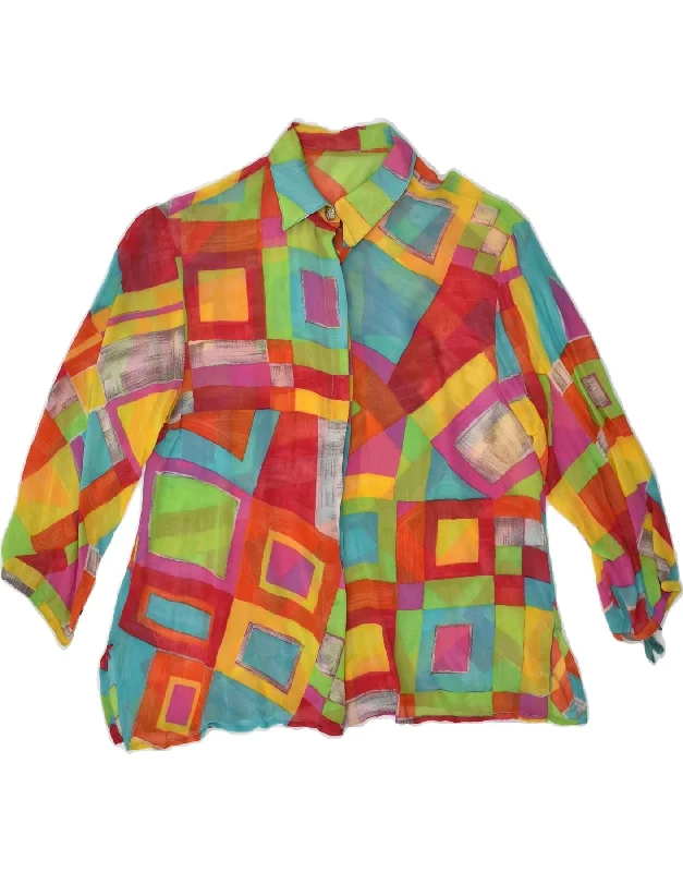 VINTAGE Womens Shirt Blouse UK 12 Medium Multicoloured Geometric Elegant Draped Short Sleeve