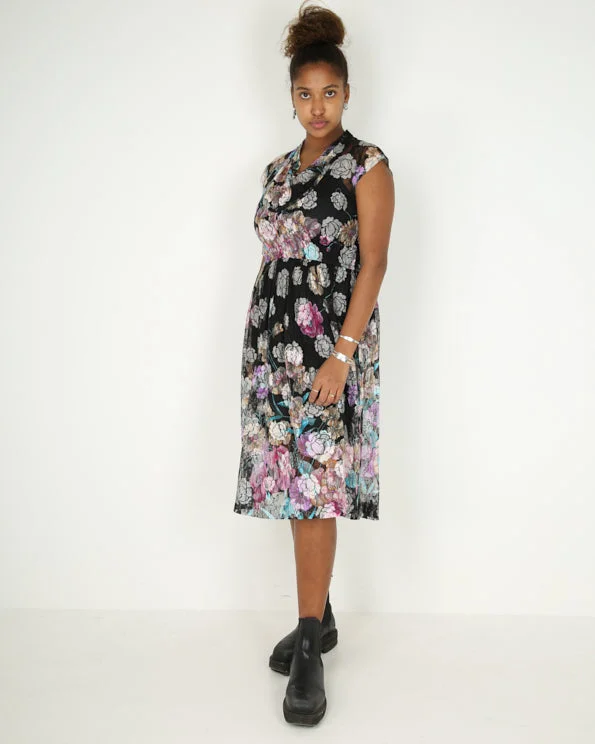 1970s sheer floral with cowl neck midi dress - S / M Trendy Ruffle Hem Midi Dress