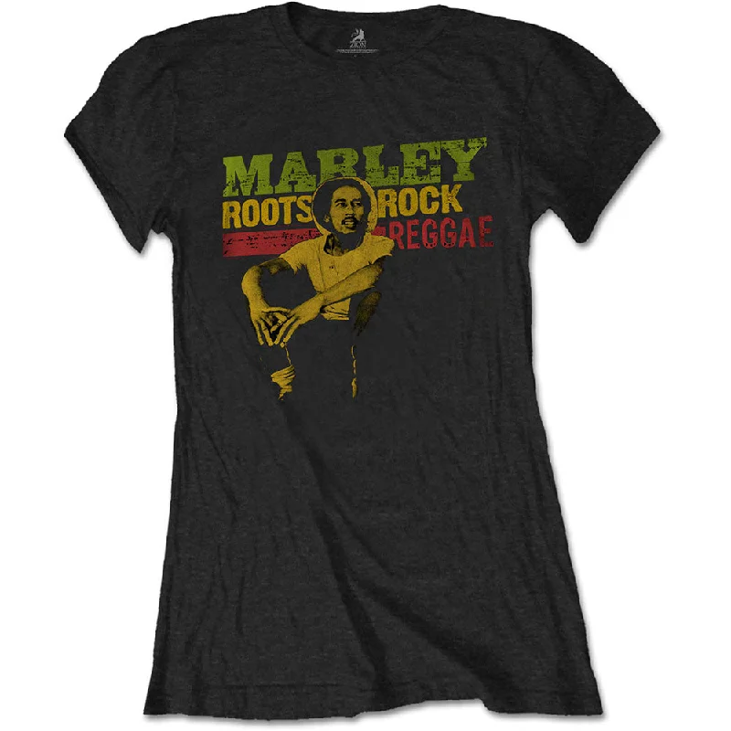 Bob Marley Ladies T-Shirt: Roots, Rock, Reggae Zippered Front Buttoned Front Snap Front
