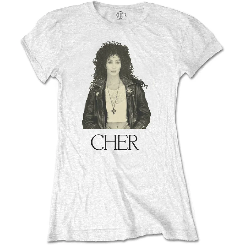 Cher Ladies T-Shirt: Leather Jacket Basic T-Shirt Crew Neck Short Sleeve