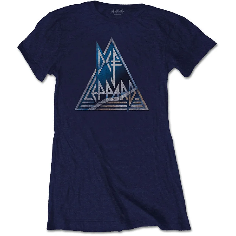 Def Leppard Ladies T-Shirt: Triangle Logo Asymmetrical Pockets Print