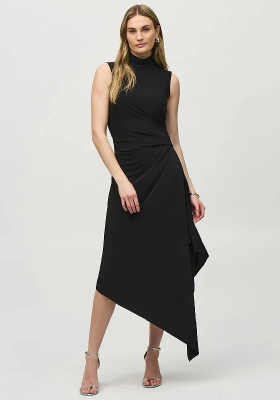 Joseph Ribkoff Ruched Asymmetrical Midi Dress, Black Cozy Midi Dress with Pockets
