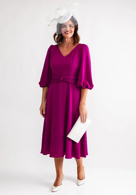Lizabella Knit Waist V Neck Midi Dress, Fuchsia Trendy Bodycon Midi Dress