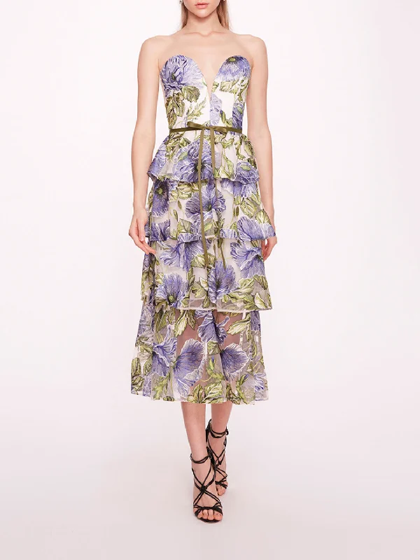 Embroidered Plunging Midi Dress Trendy Tiered Hem Midi Dress