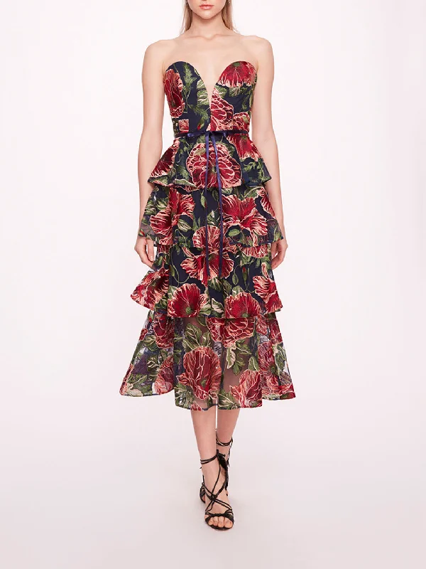 Embroidered Plunging Midi Dress Comfortable Lace-Up Midi Dress