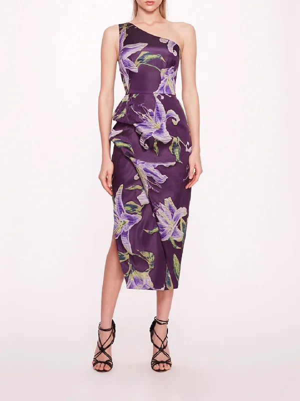 One Shoulder Drape Midi Dress Trendy Flared Sleeve Midi Dress
