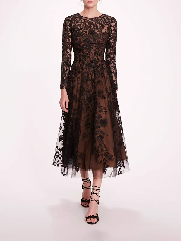 Long Sleeve Tulle Midi Dress Chic Lace Detail Midi Dress