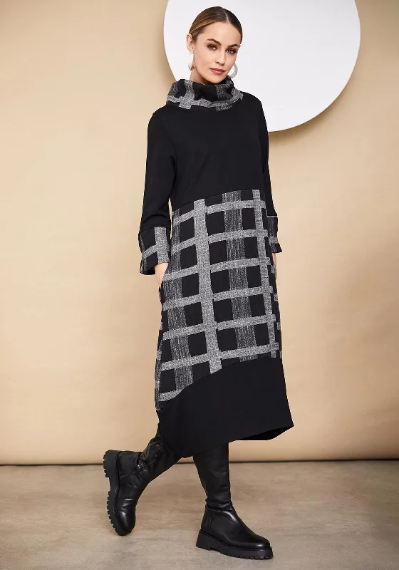 Naya Cross Section Pattern Midi Dress, Black Elegant Pleated Detail Midi Dress