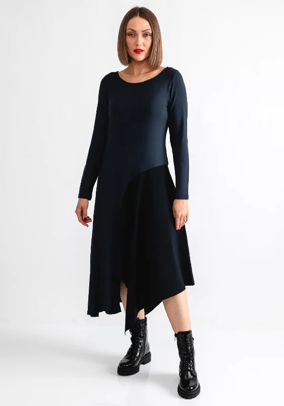 Naya Contrast Panel Midi Dress, Grey and Black Fashionable Off-Shoulder Dress Midi