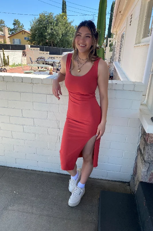 Sleeveless Side Slit Midi Dress Trendy Shift Midi Dress