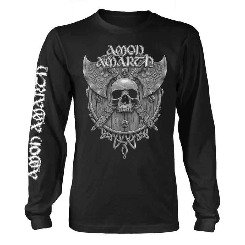 Amon Amarth Unisex Long Sleeved T-shirt: Grey Skull (Black) (back print) Boxy Fit Fitted Loose