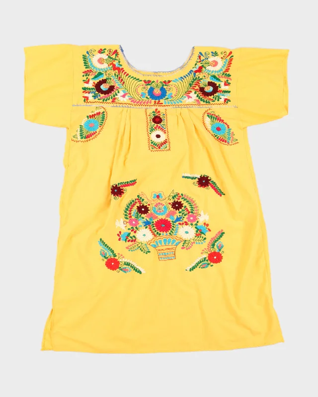 Vintage Yellow Embroidered Smock Midi Dress - L Trendy Smocked Waist Midi Dress