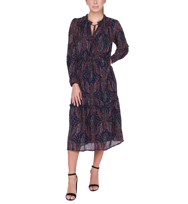 Women's Long-Sleeve Tiered Midi Dress Fashionable A-Line Midi Dress