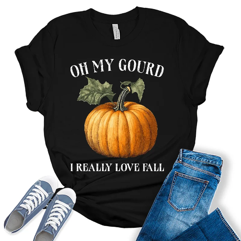 Womens Oh My Gourd I Love Fall Thanksgiving Graphic Tees Graphic Embroidered Appliqued