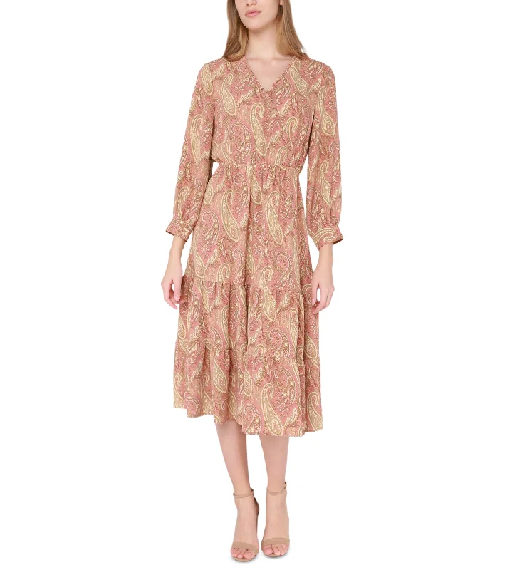 Women's Paisley-Print Wrap-Front Ruffled Midi Dress Fashionable Floral Embroidery Midi Dress