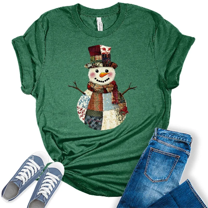 Women's Patch Work Snowman Christmas Graphic Tees Terry Blend Velvet Blend Canvas Blend