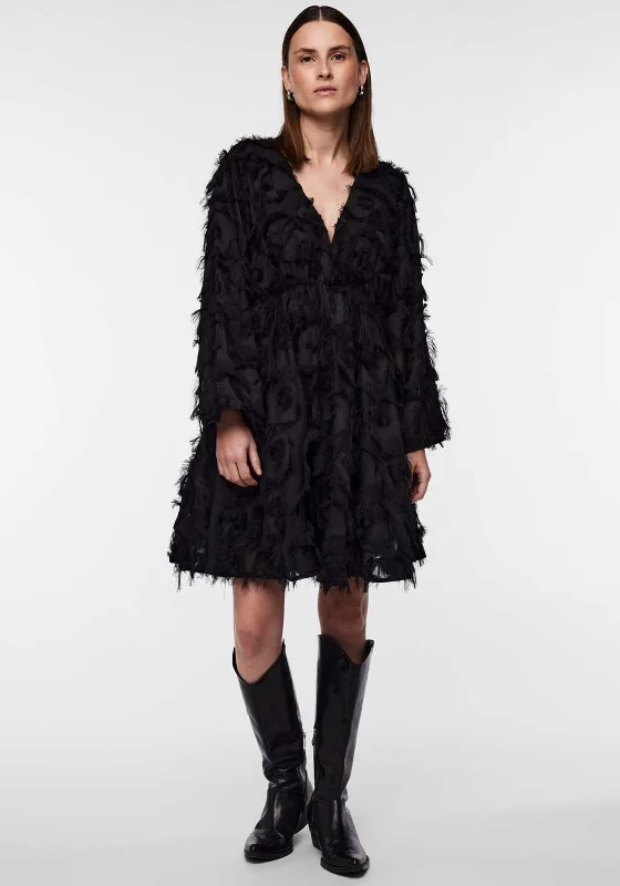 Y.A.S Pazylla Fringed Mini Dress, Black Stylish Short Sleeve Mini Dress
