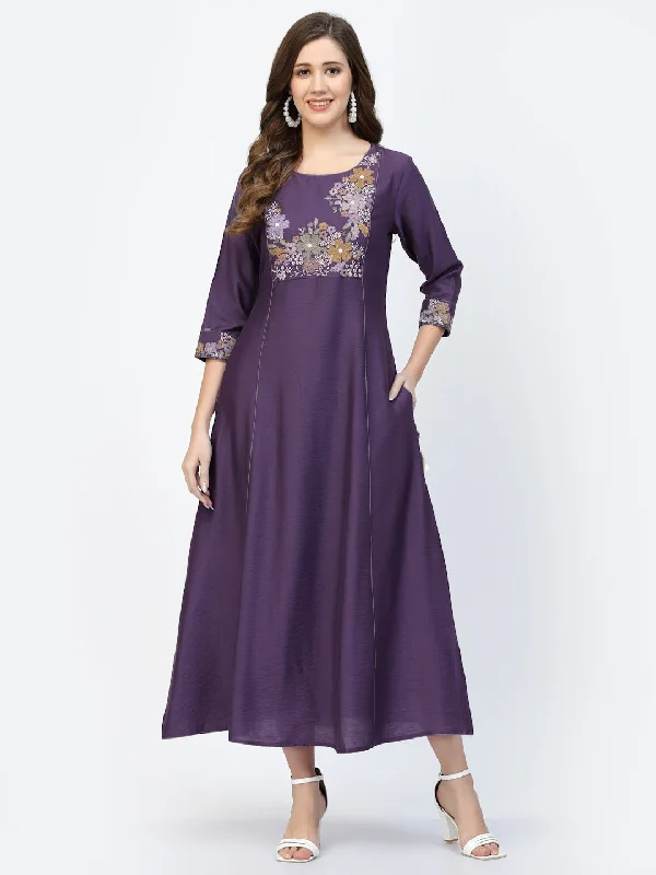 Blue Voilet Viscose Silk Embroidery Work Dress