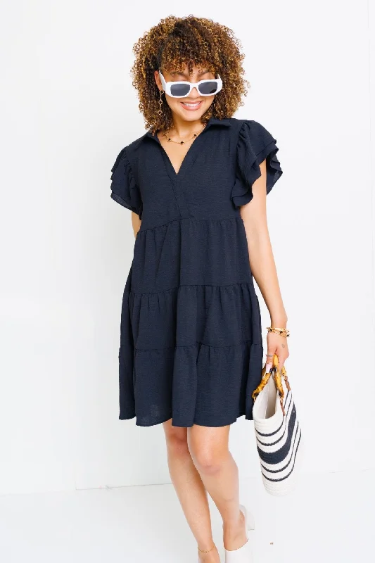 Elena Tiered Dress, BLACK