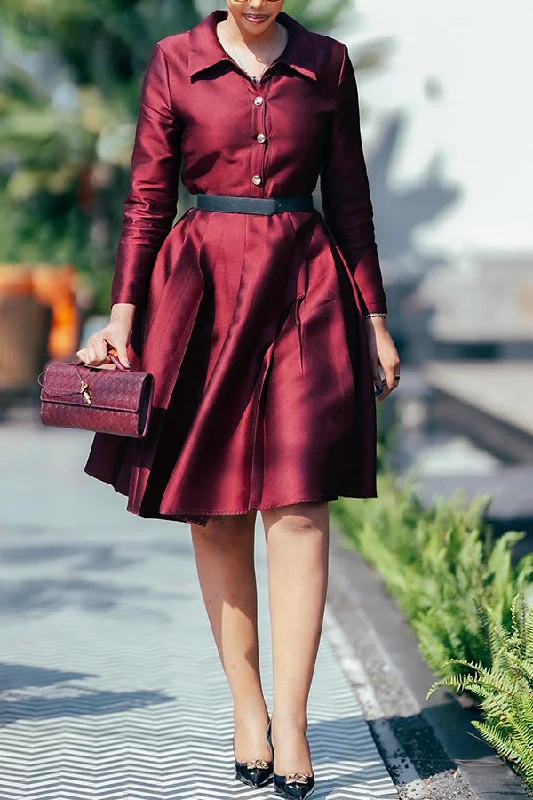 Elegant Single Breasted Solid A-line Dress