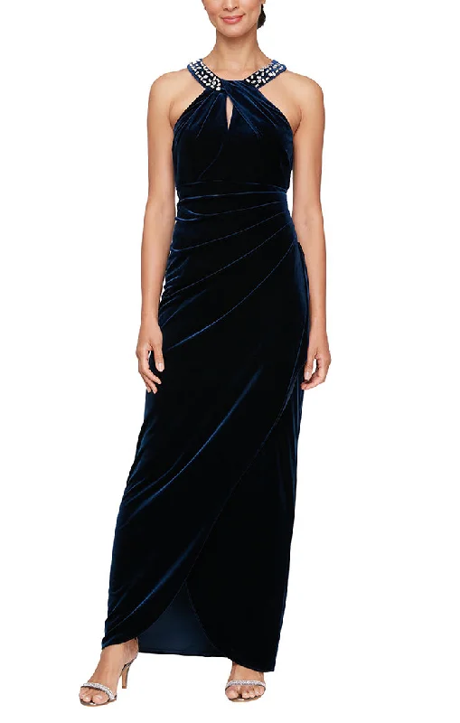 Long Velvet Beaded Halter Neck Dress with Cascade Ruffle Detail