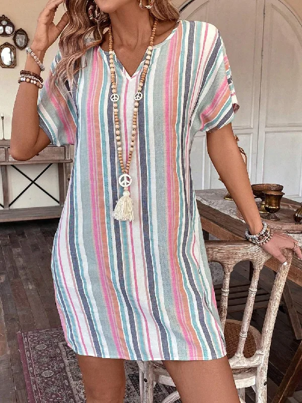 LUNE NOTCHED COLLAR STRIPED PRINT DRESS