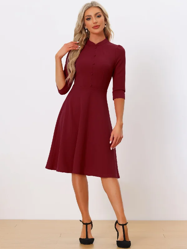 Retro 3/4 Sleeve Stand Collar Office Work Elegant A-Line Dress