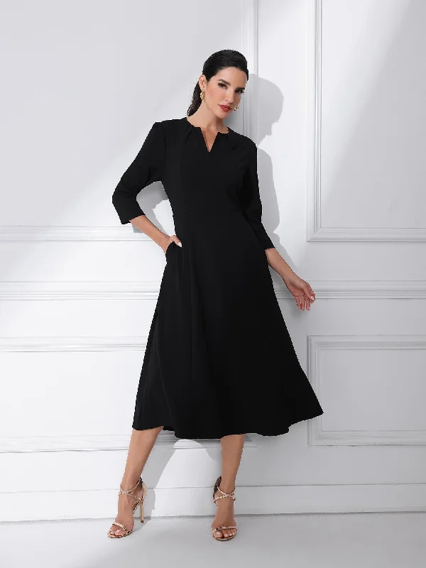 Notch Neck Pocketed 3/4 Sleeve Solid A-Line Work Dress