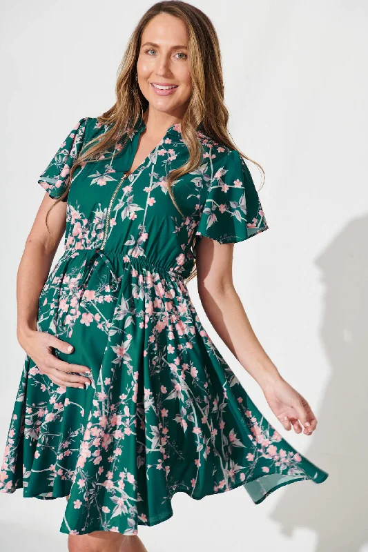 Paulina Dress In Teal With Pink Cherryblossom