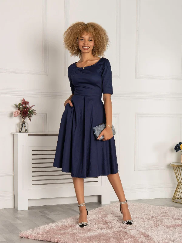 Scoop Neck Swing Cotton Dress, Navy