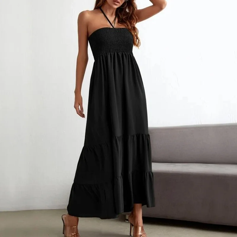 Shirred Ruffle Hem Halter Neck Dress