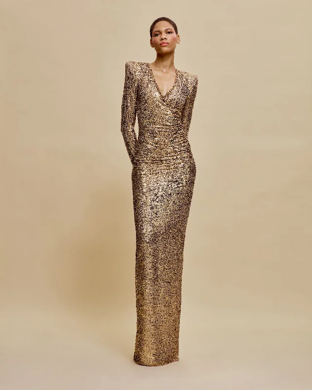 STRETCH SEQUIN V-NECK RUCHED FIT-AND-FLARE GOWN WITH CAP SLEEVES