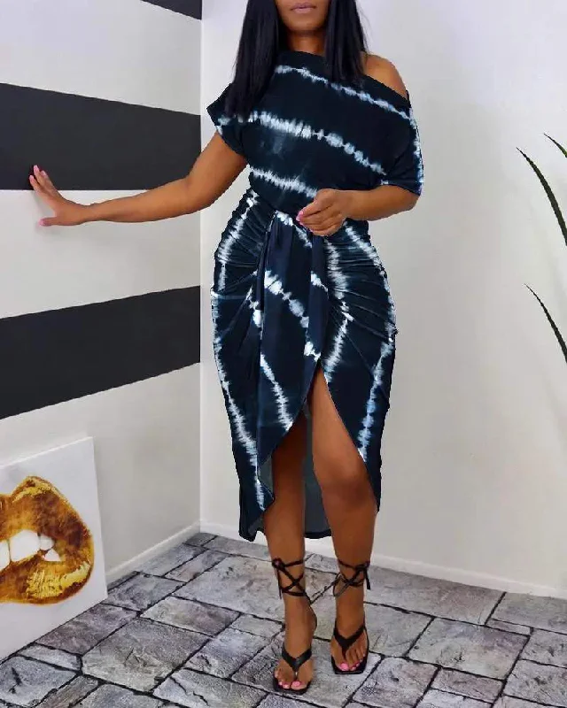 TIE DYE PRINT RUCHED SLIT CASUAL DRESS