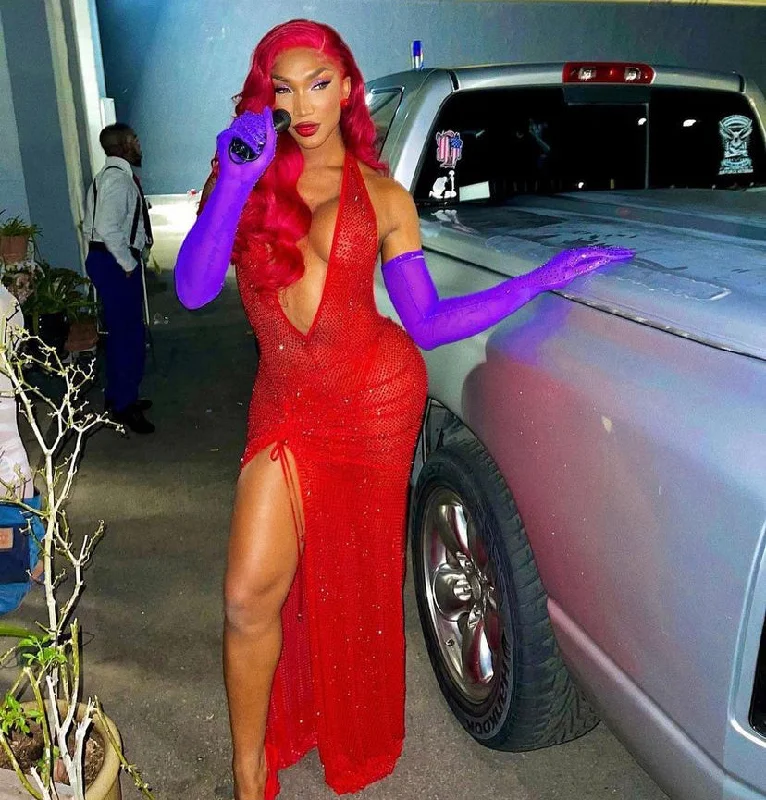 Tokyo See Through Red Crystal Asymmetrical Halter Dress