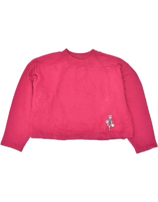 BENETTON Womens Crop Sweatshirt Jumper UK 14 Medium Pink Cotton Hoodie with Frayed Bohemian Relaxed
