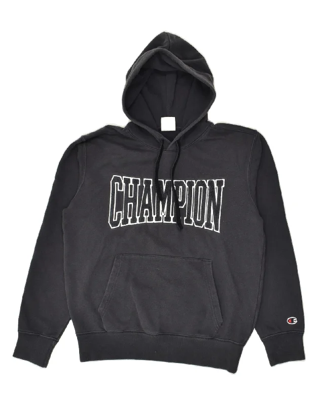 CHAMPION Womens Graphic Hoodie Jumper UK 10 Small Black Cotton Hoodie with Earth Tones Natural Calm
