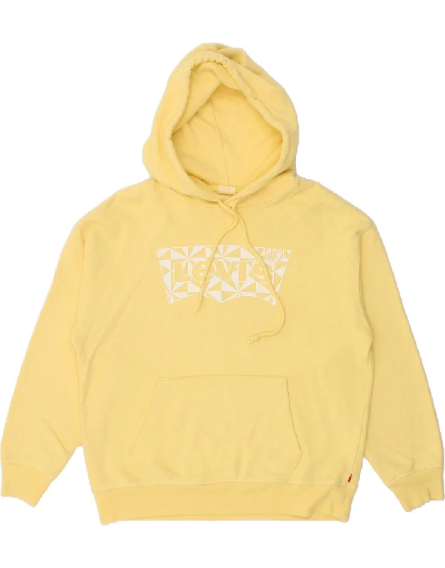 LEVI'S Womens Graphic Hoodie Jumper UK 14 Medium Yellow Cotton Hoodie with Embroidery Detailed Premium