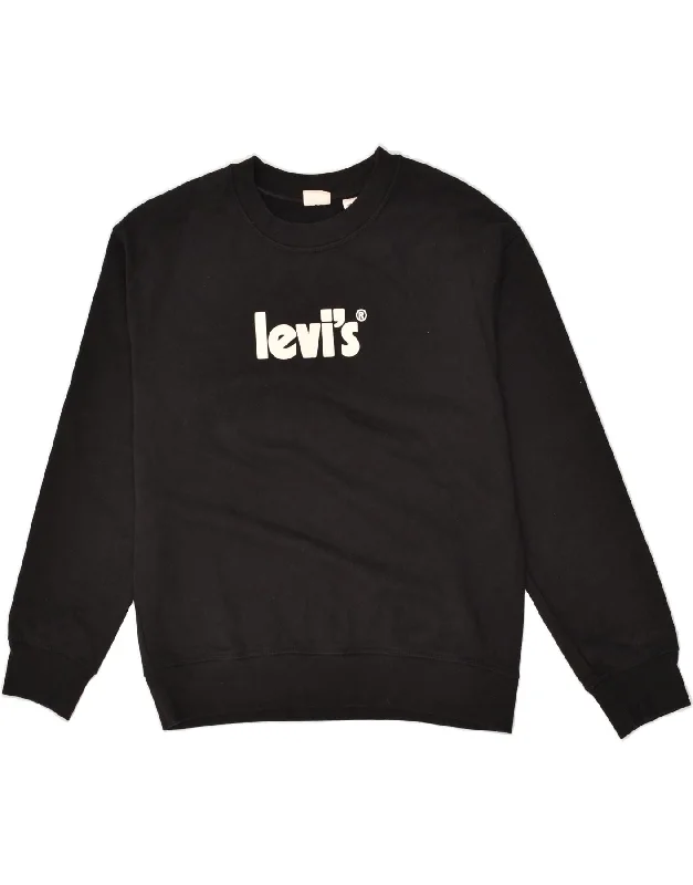 LEVI'S Womens Graphic Sweatshirt Jumper UK 10 Small Black Cotton Hoodie with Hidden Zipper Minimalist Clean