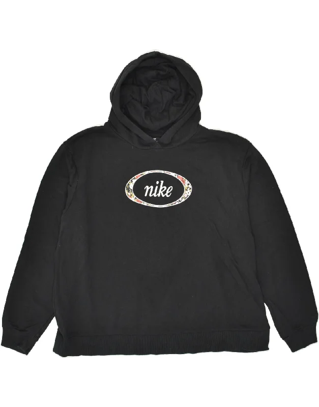 NIKE Womens Graphic Hoodie Jumper UK 18 XL Black Cotton Hoodie with Camouflage Military Edgy