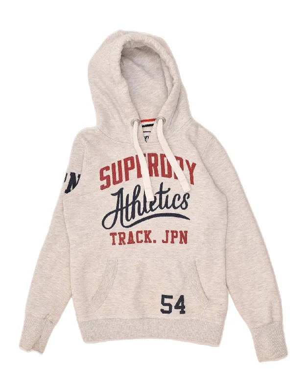 SUPERDRY Womens Graphic Hoodie Jumper UK 10 Small Grey Cotton Hoodie with Hem Raw Edge Edgy Unfinished