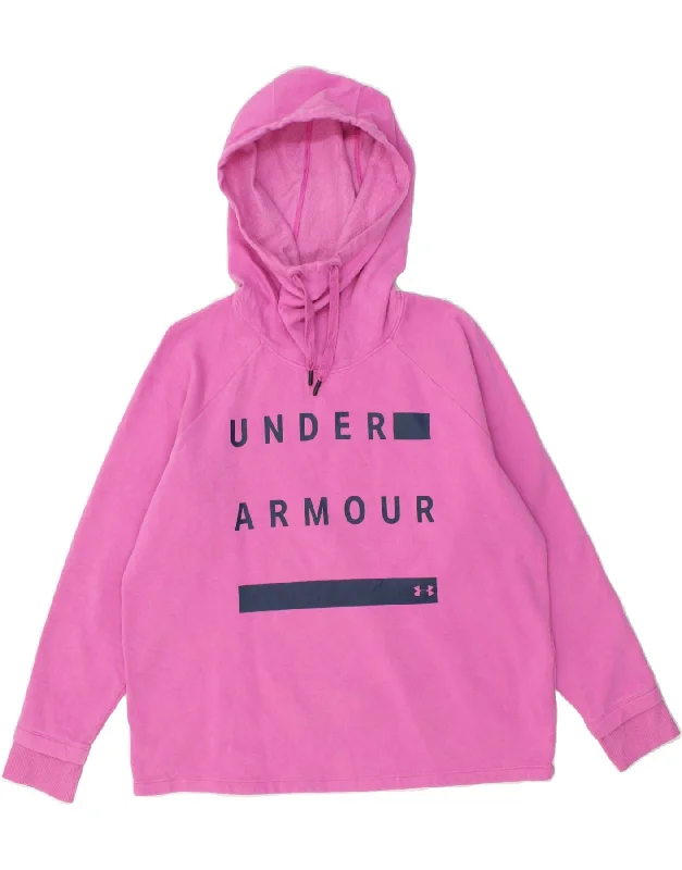 UNDER ARMOUR Womens Graphic Hoodie Jumper UK 16 Large Pink Cotton Hoodie with Toggle Buttons Decorative Unique