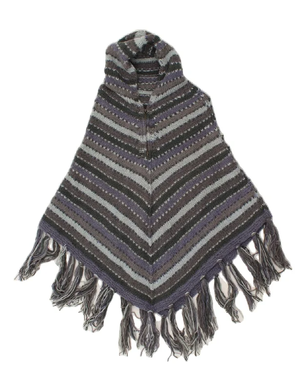 VINTAGE Womens Hooded Poncho Jumper One size Grey Striped Wool Hoodie with Zipper Versatile Modern