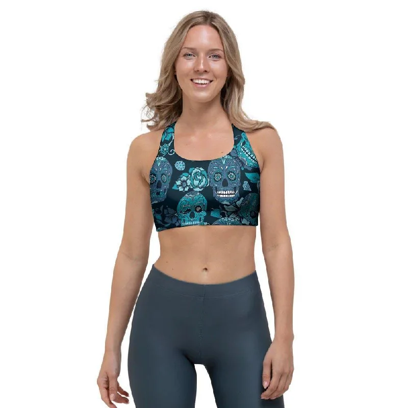 Blue Sugar Skull Sports Bra Sexy Mesh Bralette